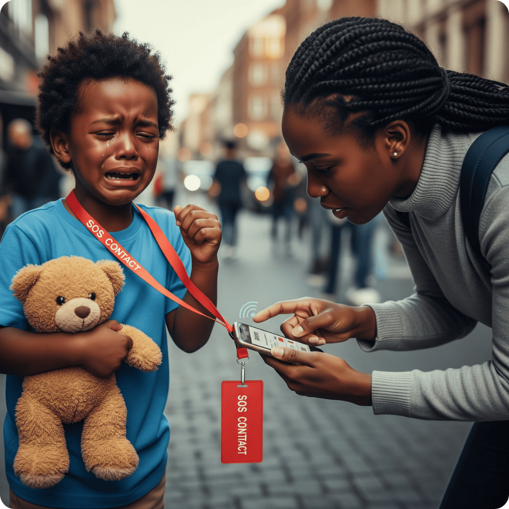 Weinendes Kind mit Teddybär und Frau mit Handy